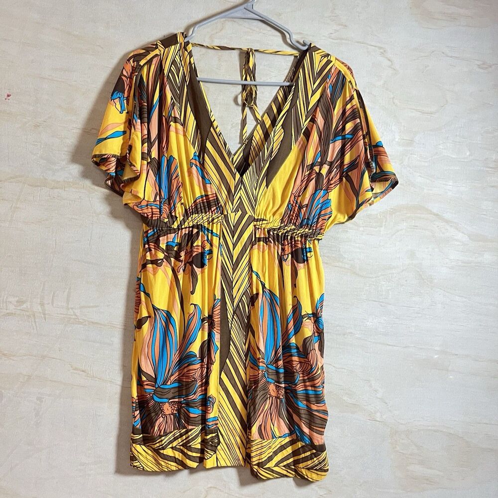 Arden B. Mini Dress M Yellow Floral V Neck Cover Up Silk Boho Beachy